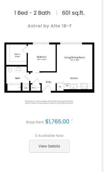 Floor plan for 1 bed, 1 bath, 601 sqft
